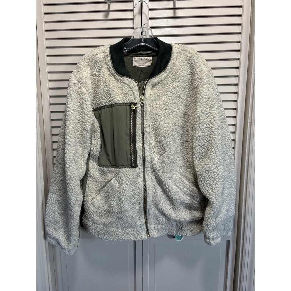 We The Free Jacket Womens Sherpa Bomber Zip Up Size XS Pockets Ivory/Green Lined